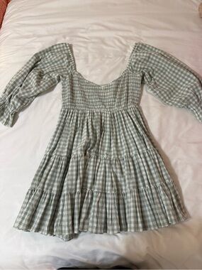 Smocked Gingham Puff-Sleeve Dress - Sage Green